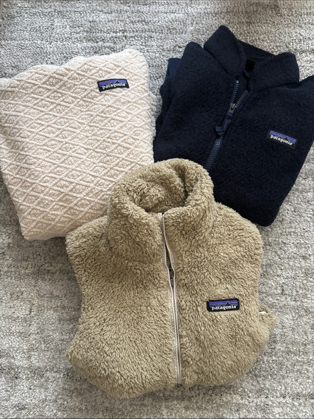 Patagonia Sherpa Vest and Fleece Tops - Black, Cream, Tan Bundle